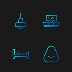 Set line Pouf, Bed, Lamp hanging and TV table stand. Gradient color icons. Vector