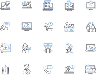 Workplace outline icons collection. Job, Office, Building, Desk, Employee, Team, Environment vector and illustration concept set. Supervisor, Floor, Meeting linear signs