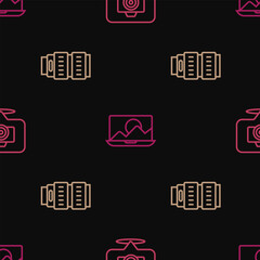 Set line Photo camera, Camera photo lens and retouching on seamless pattern. Vector
