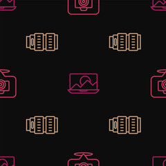 Set line Photo camera, Camera photo lens and retouching on seamless pattern. Vector