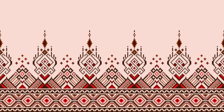Cross Stitch and Pixel Ethnic Patterns Bring Vibrant Style to Fabrics, Sarees, and Ikat Designs, Red color cross stitch. Traditional Design.