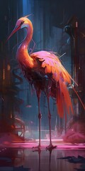 Digital flamingo. Flamingo robot. Pink flamingo. Cyber flamingos. Generative AI.