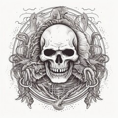 A beautiful tattoo featuring skull and various a horns. Generative AI.