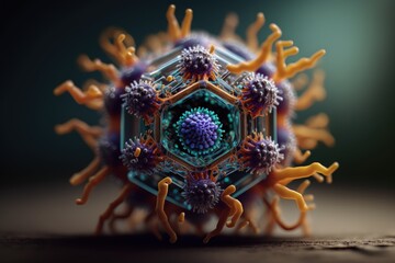 Fototapeta premium Virus flu disease. Epidemic pandemic infection. Sick people threat to humanity danger. Corona medicine microbiology. Bacterium genes dangerous strain, respiratory disease. Generative AI.