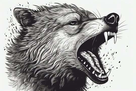 Black and white drawing of a growling wolf. Aggressive wolf with open mouth and exposed fangs. Generative AI.