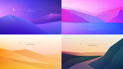 Vector illustration. Abstract background. Minimalist style. Flat concept. 4 landscapes collection. Website template, web banner. UI design. Graphic digital wallpapers. Evening, hills by water, desert