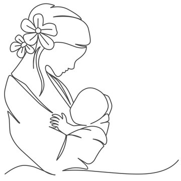 Mothers day line art style vector illustration, mother and child line art illustration