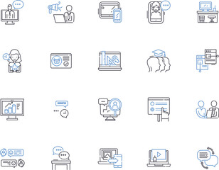 Online education outline icons collection. eLearning, Tutoring, Online-Courses, Distance-Learning, Virtual-Classroom, Video-Lectures, eTutoring vector and illustration concept set. Webinars, MOOCs