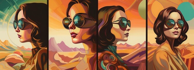 Painting depicting a woman in dark glasses. Cartoon sci-fi style. Generative AI.