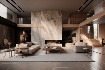 Living room filled with furniture. 3D visualization. Generative AI.