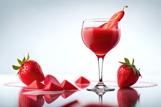 Glass of strawberry juice with pieces strawberry isolated on white