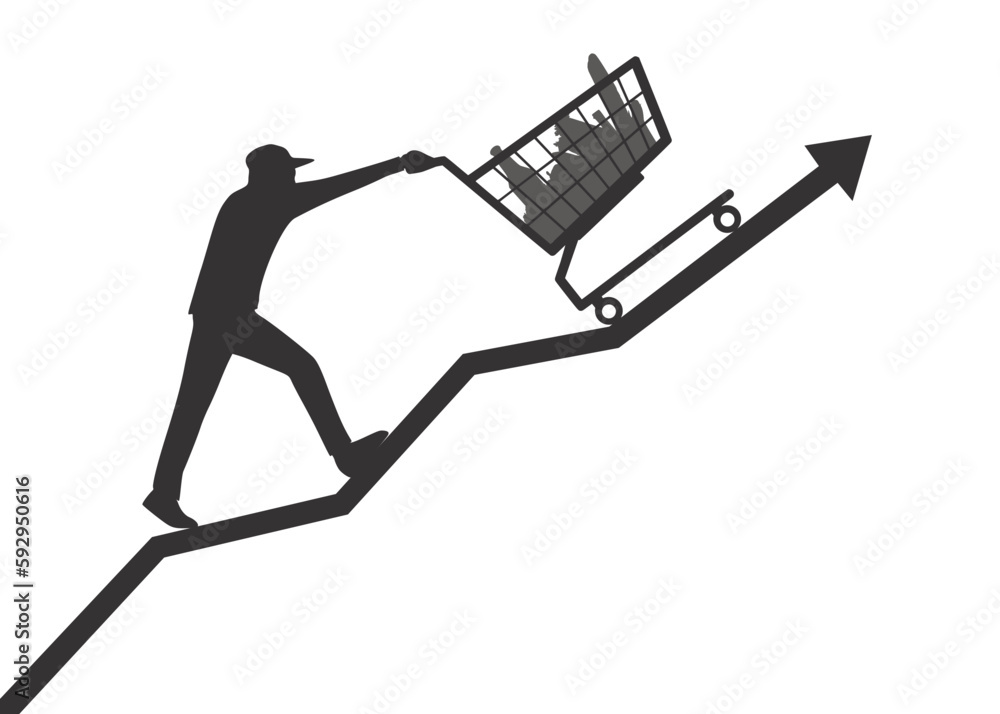 Aufkleber Man pushing a shopping cart going up with an arrow chart