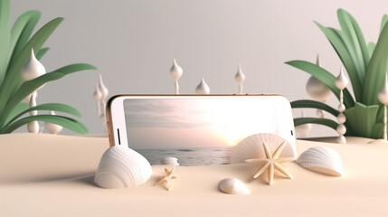 Summer Holiday Smart Phone Mockup 3D illustration. Phone screen on beach sand