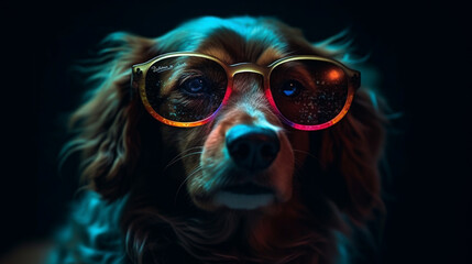 Hund mit bunter Brille im Studio vor schwarzem Hintergrund - Generative AI Content