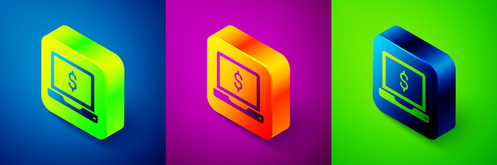 Isometric Laptop with dollar icon isolated on blue, purple and green background. Sending money around the world, money transfer, online banking, financial transaction. Square button. Vector