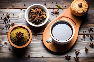 Obraz na płótnie Canvas tea and spices herbs isolated on dark wooden background