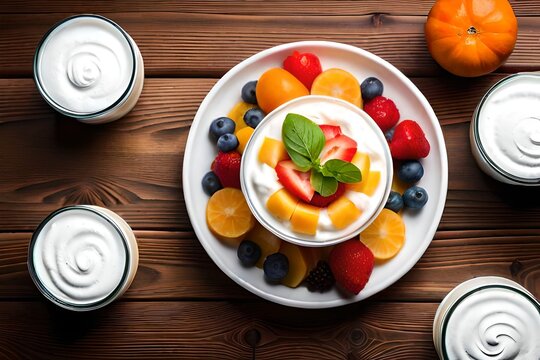 Plate of fresh fruit salad and glasses of yogurt for breakfast isolated on wooden table. Top view