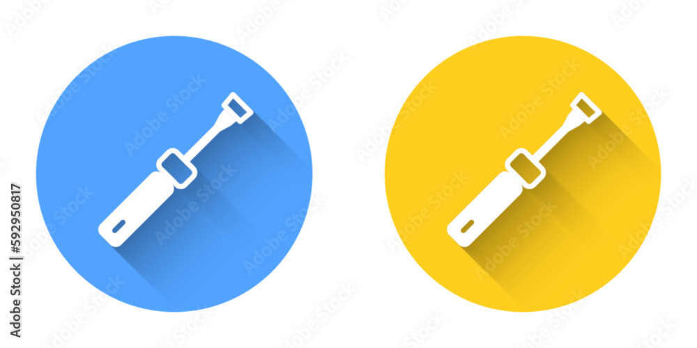 Poster white screwdriver icon isolated with long shadow background. service tool symbol. circle button. vec