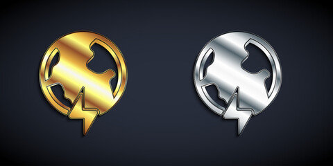 Gold and silver Global energy power planet with flash thunderbolt icon isolated on black background. Ecology concept and environmental. Long shadow style. Vector