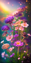 Obraz na płótnie Canvas Colorful spring flowers and mashrooms. AI generated illustration