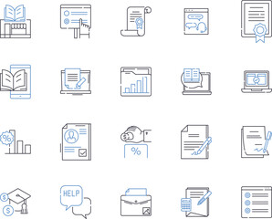 Educational tools outline icons collection. School, Teacher, Learning, Books, Classroom, pencils, iPads vector and illustration concept set. Computers, Chalkboard, Smartboard linear signs