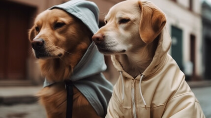 Hunde in Hoodies Klamotten Sportklamotten auf der Straße