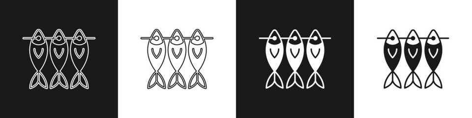Set Dried fish icon isolated on black and white background. Vector