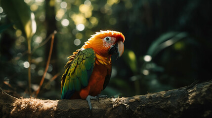 Papagei auf Ast im Dschungel bei schönem goldenen Licht