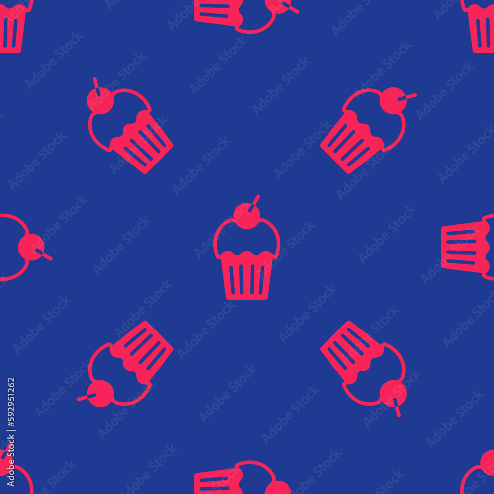Poster red muffin icon isolated seamless pattern on blue background. vector