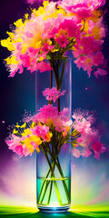 Colorful spring flowers in glass vase. AI generated illustration