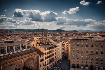Fototapeta premium Aerial view of cityscape surrounded by buildings in Florence
