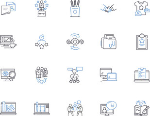 Product management outline icons collection. Product, Management, Development, Strategy, Design, Analysis, Sourcing vector and illustration concept set. Innovation, Quality, Planning linear signs