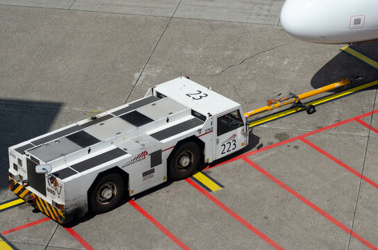 Airplane tow truck on the Apron shortly before push-back.