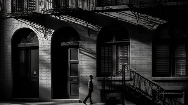 Black and white photo of a man walking up the stairs in an old building Generative AI