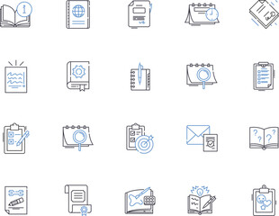 Publishing outline icons collection. Printing, Distribution, Authoring, Editing, Subscribing, Merchandising, Marketing vector and illustration concept set. Promoting, Submitting, Illustrating linear