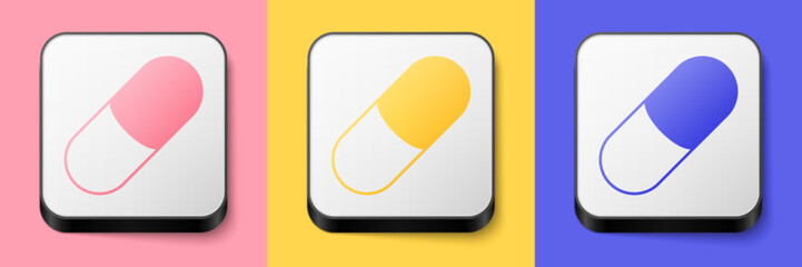 Isometric Sleeping pill icon isolated on pink, yellow and blue background. Square button. Vector