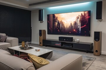 state-of-the-art home entertainment system, with large flat screen tv and surround sound system, providing high definition picture and immersive audio experience, created with generative ai - obrazy, fototapety, plakaty