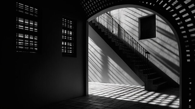 Black and white image of a staircase in a building with sunlight. Generative AI