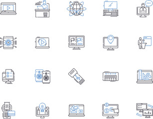 Electronics outline icons collection. electronics, gadgets, TVs, phones, computers, laptops, tablettes vector and illustration concept set. screens, cameras, audio linear signs