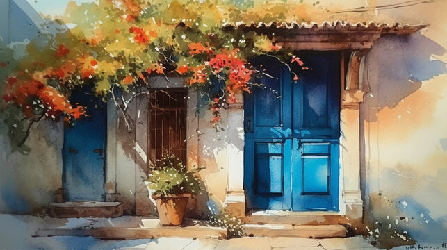 water color painting of old house with bougainvillea in front of blue door Generative AI