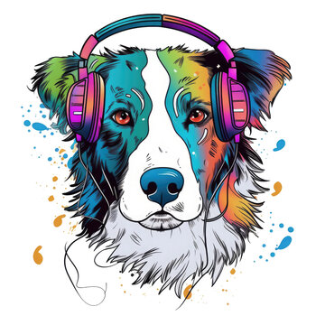 Australian Shepherd Dog T-Shirt Vector Illustration, Cute Happy Dog, Wearing Headphones, Graceful, Content