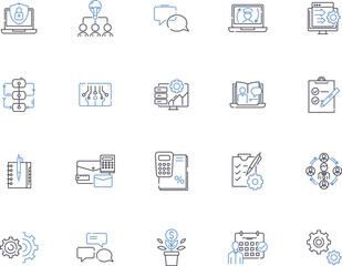 Connecting business outline icons collection. Networking, Linking, Uniting, Joining, Messaging, Connecting, Collaborating vector and illustration concept set. Partnering, Linking-up, Relating linear