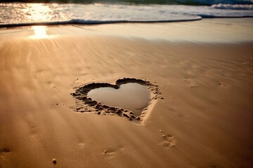 A heart on the beach, a symbol of summer love, water strands from the sea
