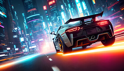 fast moving car on the road, neon racing car on the road, car wallpaper, dystopian cyberpunk city background, soft diffused glowing neon lighting, mist, fog, crepuscular rays, Generative AI