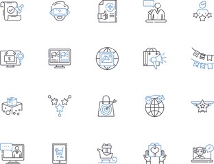 Advertising outline icons collection. Promotion, Branding, Publicity, Media, Placement, Campaign, Reach vector and illustration concept set. Audience, Visibility, Exposure linear signs
