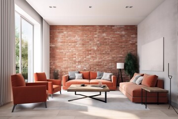 Naklejka na ściany i meble interior background stylish brick wall comfortable pillow modern lifestyle home light. Generative AI.