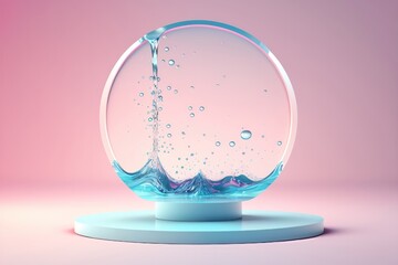 Contemporary blue and pink circle Podium with glass and water. AI generation