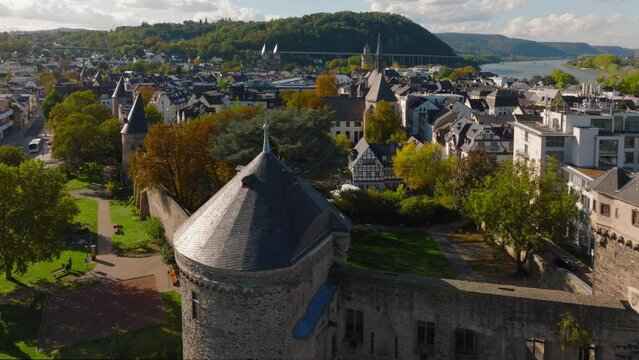 Aerial Drone shot of Andernacher Castle. Towers of the old city wall of Andernach, Germany, Rheinland-Palatinate