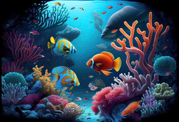 Fototapeta na wymiar underwater coral reef seascape background with small coloful fish and transparent water