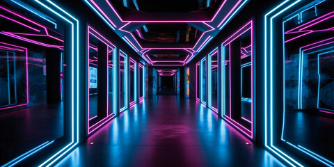colorful neon lights inside a futuristic black hallway,